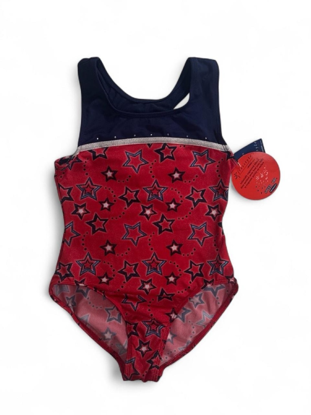 New Danskin Freestyle Red Star Print One-Piece Gymnastics leotard with Navy Yoke